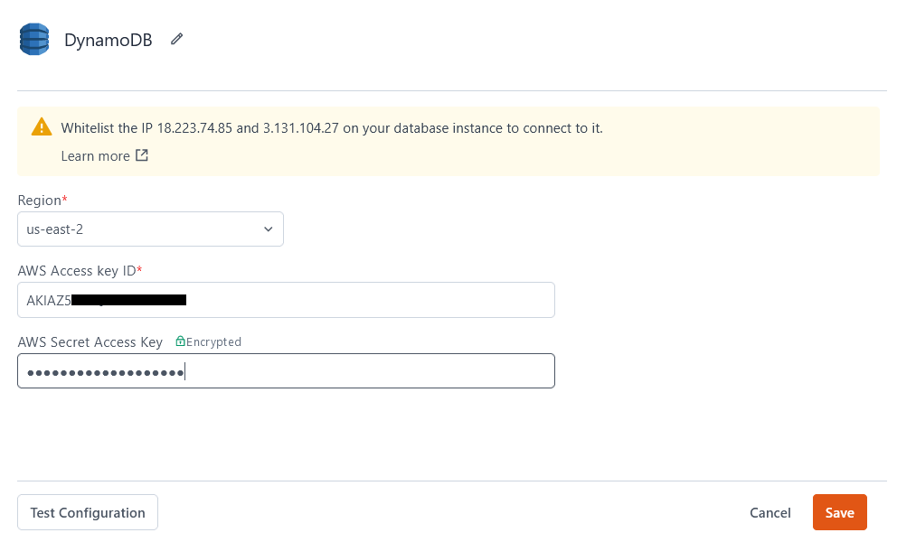 Configuring a DynamoDB datasource.